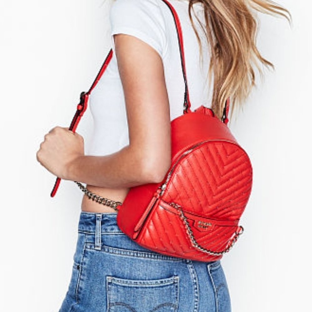 VICTORIA'S SECRET Red Studded V-Quilt Small City Backpack